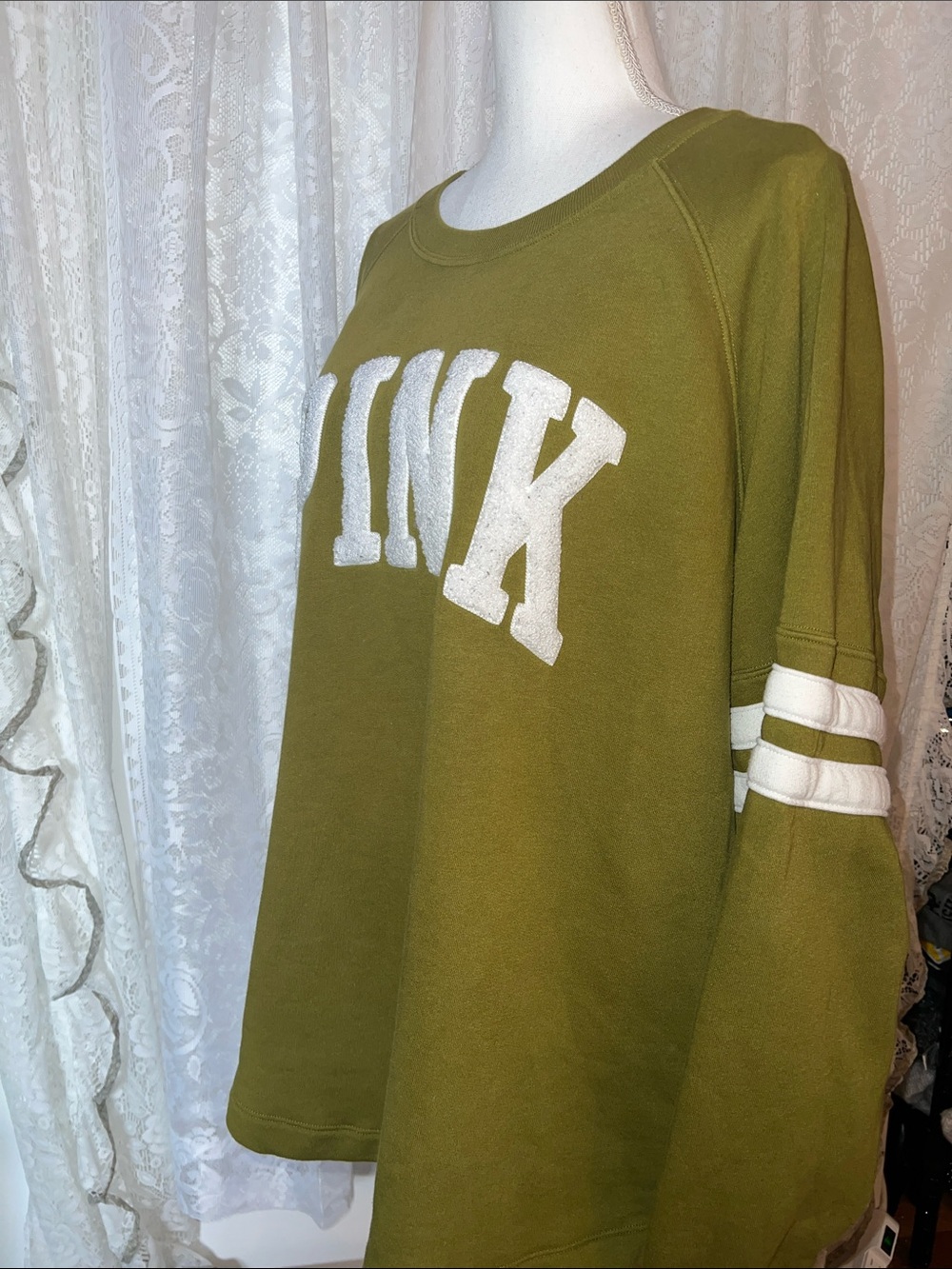 VS PINK Olive Green Crewneck Sweatshirt with White Lettering - Picture 2 of 6